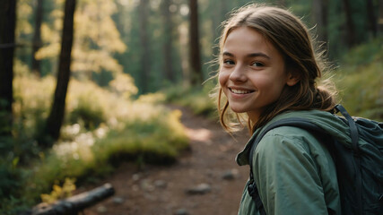 Naklejka premium charming teen caucasian girl hiking trail background portrait shot