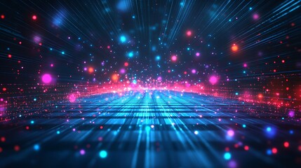 Naklejka premium Digital abstract background with vibrant neon lights and bokeh, creating a dynamic and futuristic visual effect in shades of blue and pink.