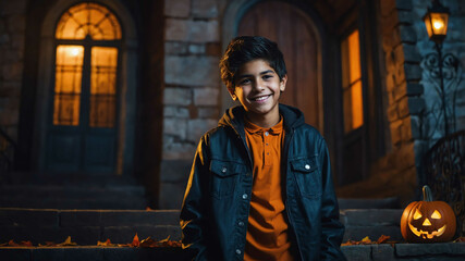 Obraz premium charming teen hispanic boy halloween theme background portrait shot