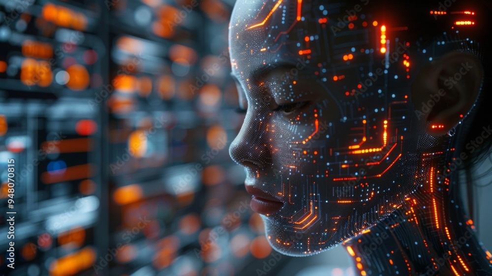 Aufkleber an ai analyzing cryptocurrency trends, glowing digital graphs floating around, ai in humanoid form w