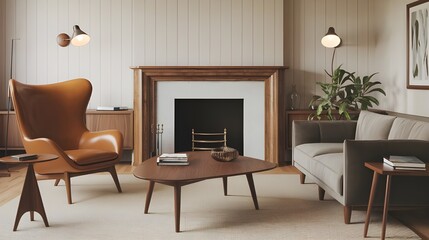 A mid-century style living room with a brown leather chair and a grey sofa, a wooden coffee table, a side table and fireplace with a wooden mantel.