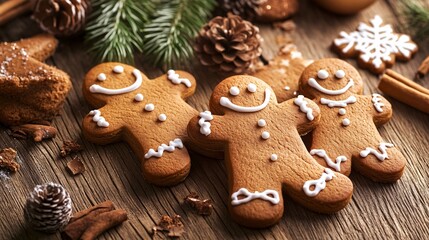Gingerbread cookies arranged on a rustic wooden table with holiday decor