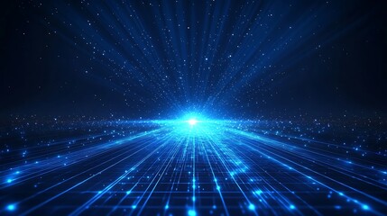 Fototapeta premium Futuristic blue light burst with digital grid lines, abstract technology background perfect for innovation and tech concepts.