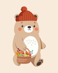 Cute Vector Bear Cub in Red Hat with Basket of Mushrooms and Apples © Diana
