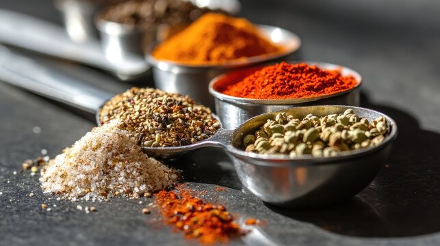 A close-up of a measuring spoon with various spices, showing detailed measurements for cooking or baking