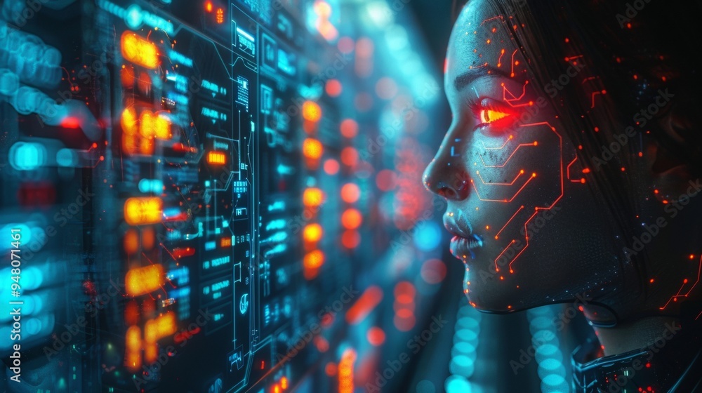 Aufkleber an ai analyzing cryptocurrency trends, glowing digital graphs floating around, ai in humanoid form w