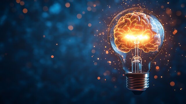 A glowing brain inside a lightbulb on a dark blue background with bokeh.
