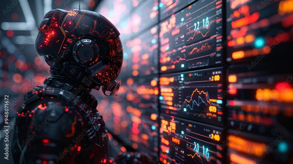 Aufkleber an ai analyzing cryptocurrency trends, glowing digital graphs floating around, ai in humanoid form w
