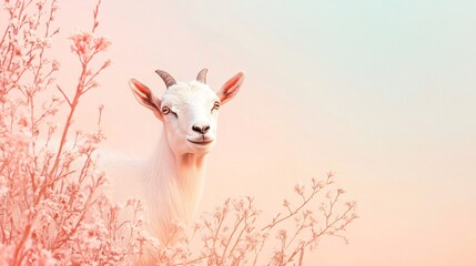 Obraz premium Goat peeking out from behind the treetops on pastel colors background, copy space