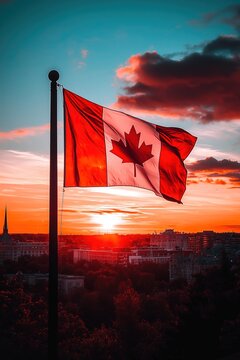 canadian flag waving in the wind at sunset over a city skyline, ottawa, canada