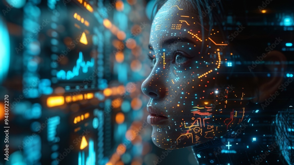 Aufkleber an ai analyzing cryptocurrency trends, glowing digital graphs floating around, ai in humanoid form w