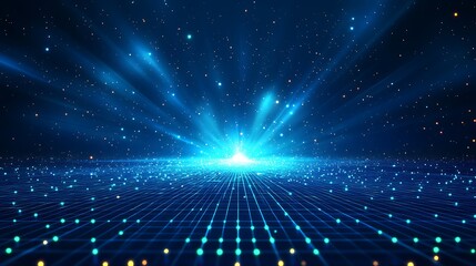 Fototapeta premium Futuristic digital background with glowing light and particles, representing technology and innovation in a blue space setting.