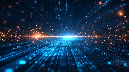 Futuristic digital background with glowing particles and lines, representing technology, data transfer, and innovation in a vibrant blue theme.