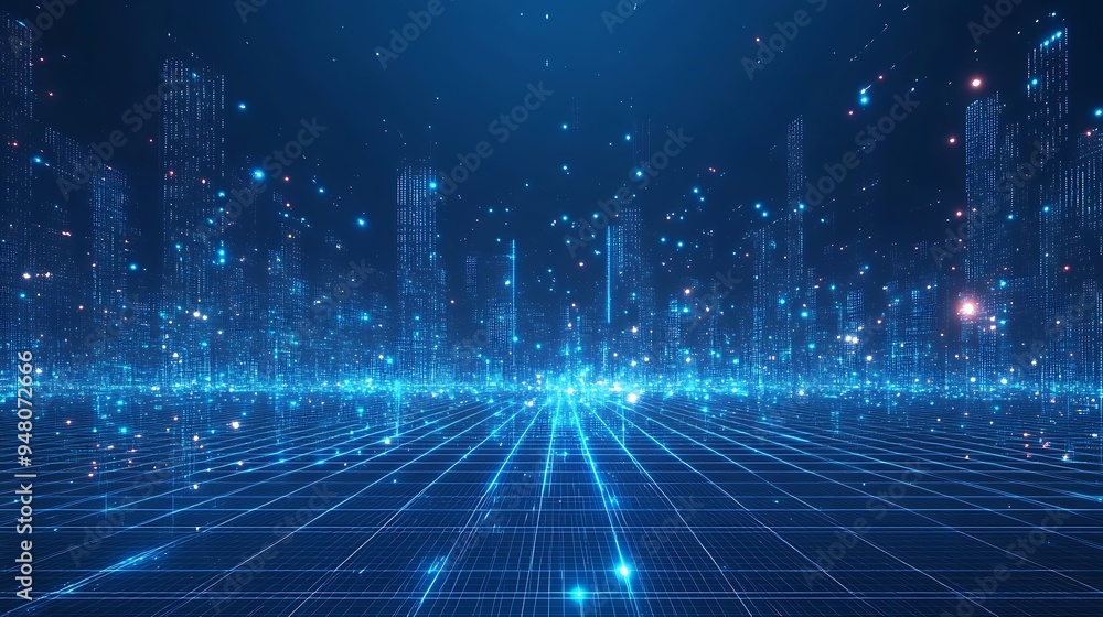 Poster futuristic digital cityscape with glowing lines and data points, representing advanced technology, v