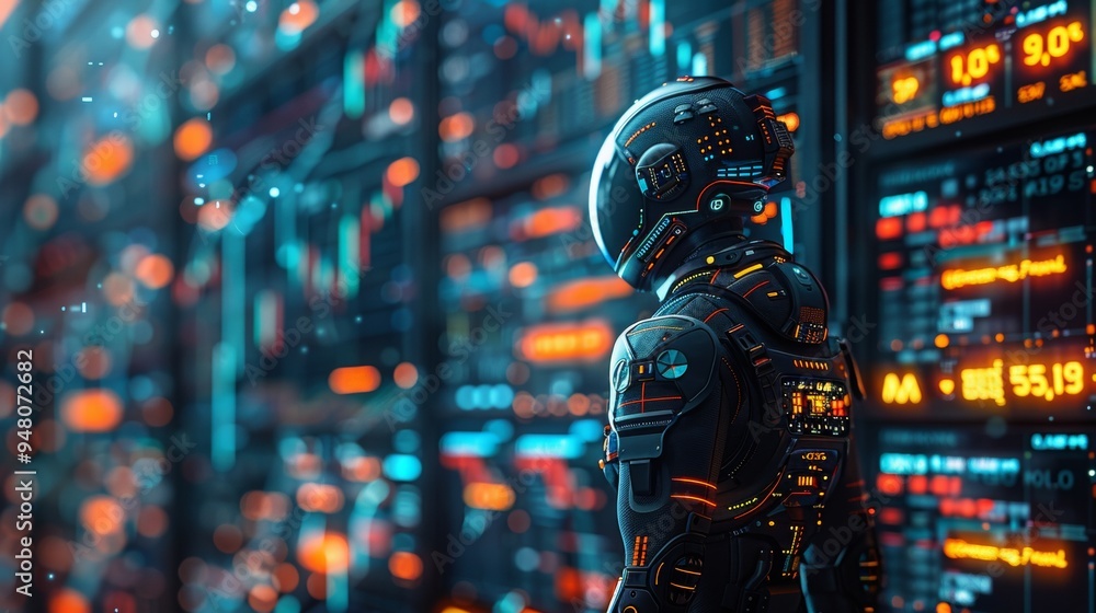 Aufkleber an ai analyzing cryptocurrency trends, glowing digital graphs floating around, ai in humanoid form w
