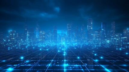 Obraz premium Futuristic digital cityscape with glowing blue lights and skyscrapers. Depicts a high-tech urban environment, innovation, and technology.