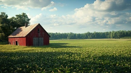Obraz premium Charming Old Barns and Expansive Crop Fields in a Rustic Farmstead Landscape with Serene Views