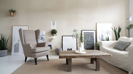 A Scandinavian-style living room with a rustic wooden coffee table and a wing chair. The room has a beige rug, potted plants, several frames on the wall and a white sofa. 