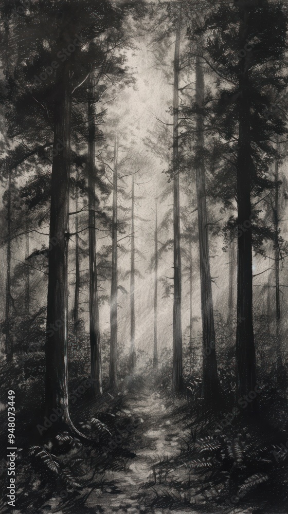 Poster a path through a dark and misty forest
