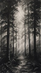 Naklejka premium A Path Through A Dark and Misty Forest