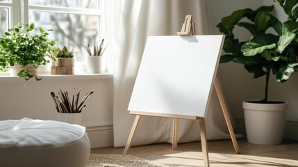 Bright and airy workspace featuring an empty canvas on an easel, surrounded by plants and natural light for creative inspiration.