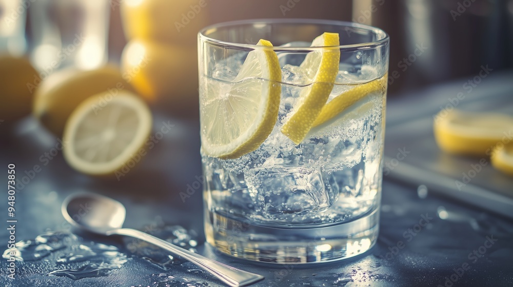 Poster refreshing lemonade with lemon slices served in a glass on a dark table with additional lemons and i