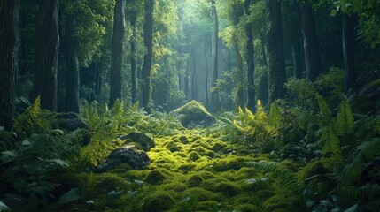Fototapeta premium A forest floor covered in moss and ferns, with towering trees overhead, creating a lush and vibrant scene