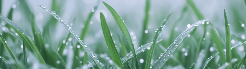 Fototapeta premium Lush Morning Dew on Grass, vibrant green textures glistening under sunlight, tiny droplets creating a fresh and lively atmosphere, ideal for a tranquil and serene backdrop