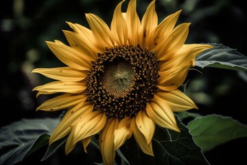 Naklejka premium Close-up of a vibrant sunflower with detailed petals and seeds, set against a dark backdrop