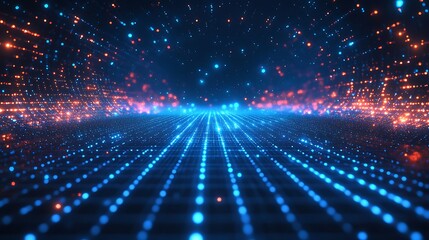 Obraz premium Futuristic digital landscape with glowing blue and orange lights, representing data, technology, and innovation in a virtual space.