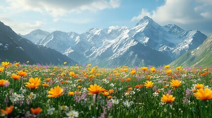 Fototapeta premium Snow-Capped Peaks and Wildflowers Scenic Highland Meadow with Distant Mountain View in a Peaceful Setting