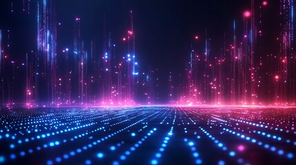 Fototapeta premium Futuristic digital landscape with glowing blue and pink lights representing data streams and technology in a virtual space.