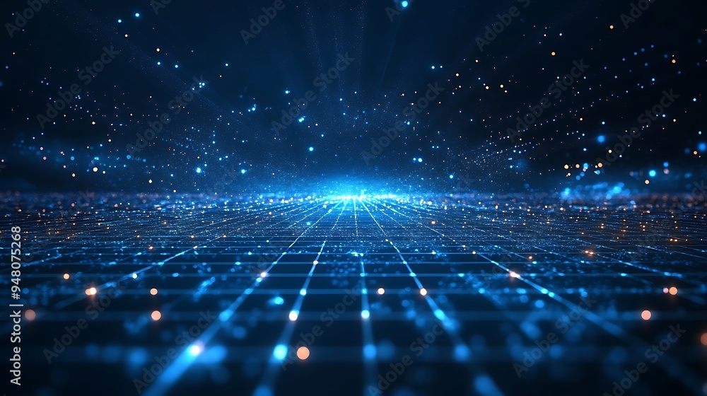 Aufkleber futuristic digital landscape with glowing blue grid and particles, representing technology, innovati