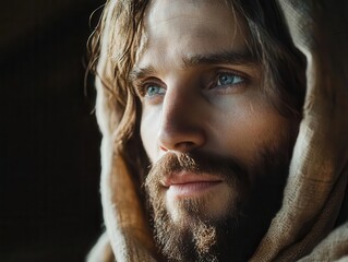 Thoughtful portrait of a man with a beard, wrapped in a hood, gazing reflectively into the distance with striking blue eyes.