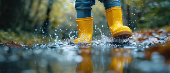 Kids wearing yellow rubber boots splashing in puddles on a rainy day, full of joy. Free copy space for text.