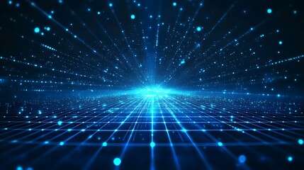 Futuristic digital landscape with glowing blue grid and particle trails in vast cyber space. Perfect for tech, innovation, and data themes.
