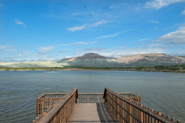 Lake view from the wooden pier. Tent camp in Nallıhan bird sanctuary. Walking by the lake. Nallıhan bird sanctuary, located on the migration route of birds. Nallıhan lake. Magnificent views from Nallı