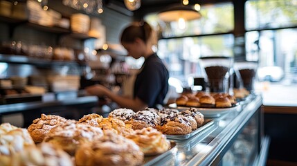 A coffee shop display case filled with freshly baked pastries, with a barista serving a customer in the background.