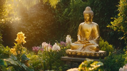 A golden Buddha statue in a lush garden, framed by greenery and soft sunlight for a serene outdoor setting