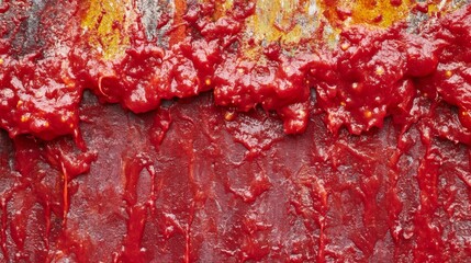 A close-up view of splattered tomatoes on a wall, with bright red juice dripping down the surface. The upper portion of the image is decorated with traditional Spanish elements, while the lower part
