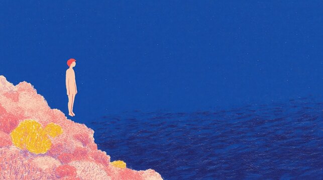 A figure stands on a vibrant coral edge, gazing out at a calm, deep blue ocean, evoking feelings of tranquility and introspection. wallpaper background.