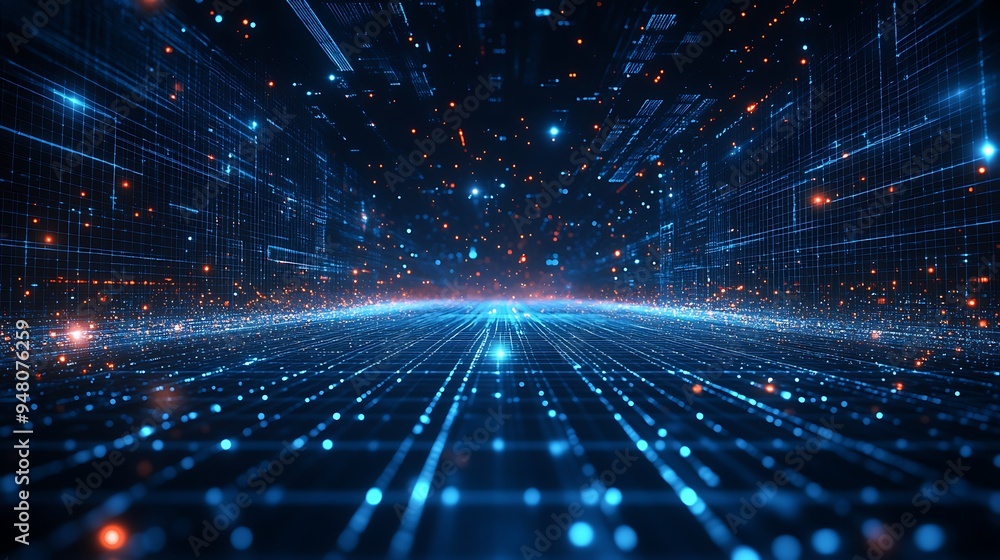 Poster futuristic digital landscape with glowing blue lines and data points. concept of technology, artific