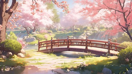 Obraz premium Japanese Garden Bridge with Cherry Blossoms and Waterfall