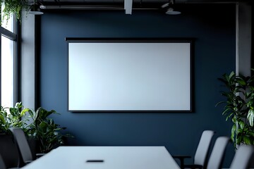 Modern Conference Room with Blank Projector Screen and White Table