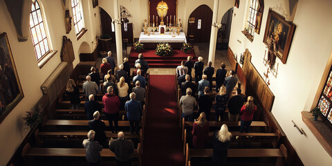 Church with praying people. For Christian publications