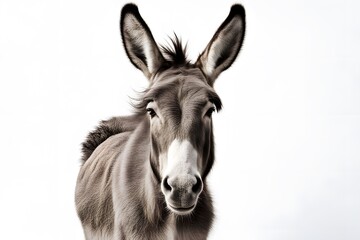 Fototapeta premium A calm donkey with gray fur and large ears standing on a white background, AI Generated