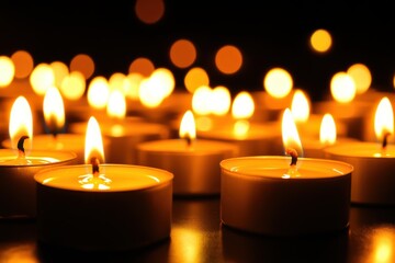 Glowing tea lights in darkness with warm bokeh background