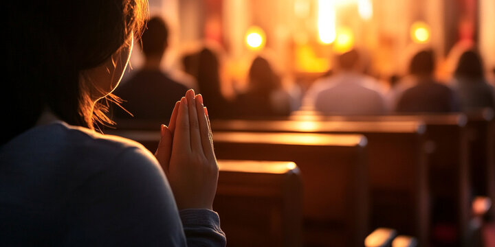 Church with praying people. For Christian publications