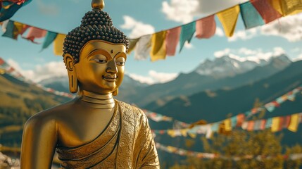 Obraz premium A golden Buddha statue with a backdrop of colorful prayer flags and a mountain range, evoking a sense of spiritual journey -