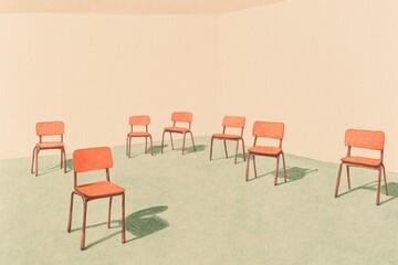 Fototapeta premium A minimalistic classroom with orange chairs arranged in a circle, creating a welcoming atmosphere for learning and collaboration. wallpaper background.